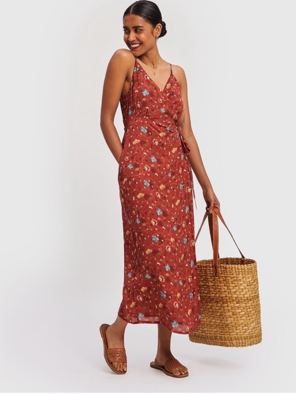 Reistor Strappy Wrap Dress in Red Floral, Eco-Friendly, Medium